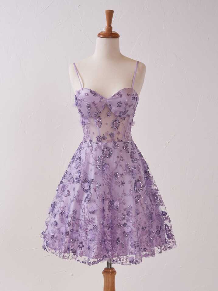 Elowyn Floral Sweetheart Short Cocktail Dress in Lavender ...