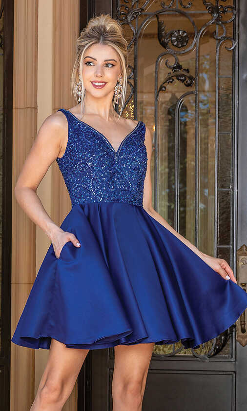 Embellished-Bodice Short Prom Dress with Pockets