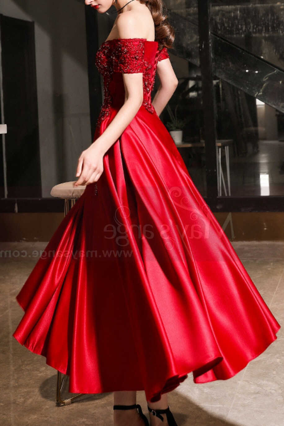 Embroidered And Sparkly Tea Length Elegant Red Dress for ...