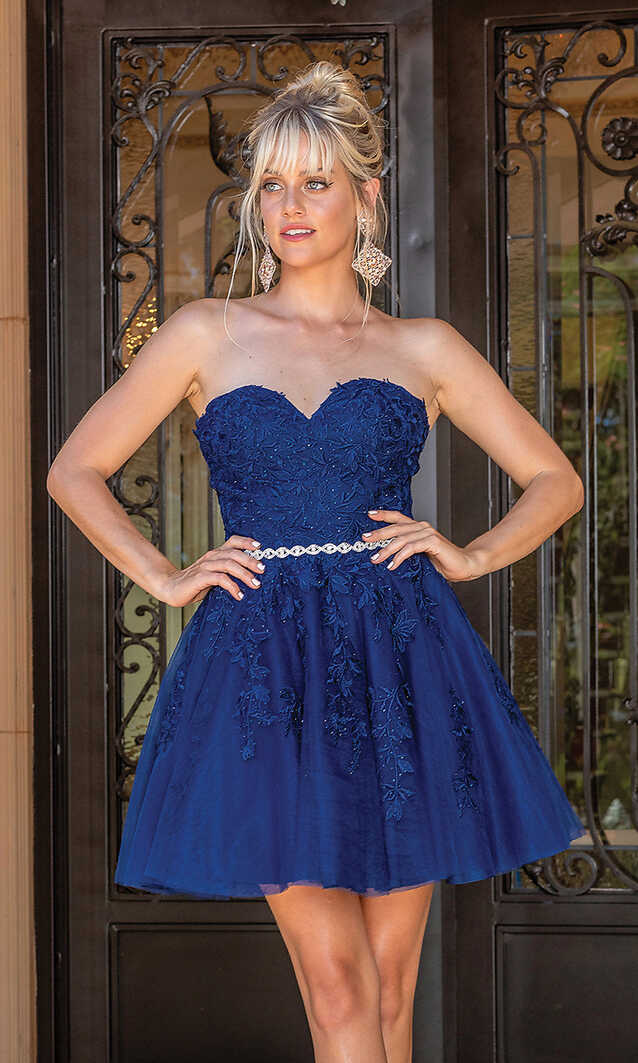 Embroidered-Bodice Strapless Short Party Dress