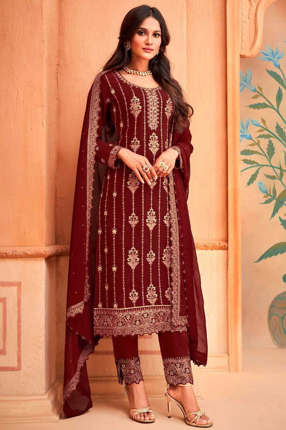 Embroidered Faux georgette Eid Salwar Kameez in Maroon with ...