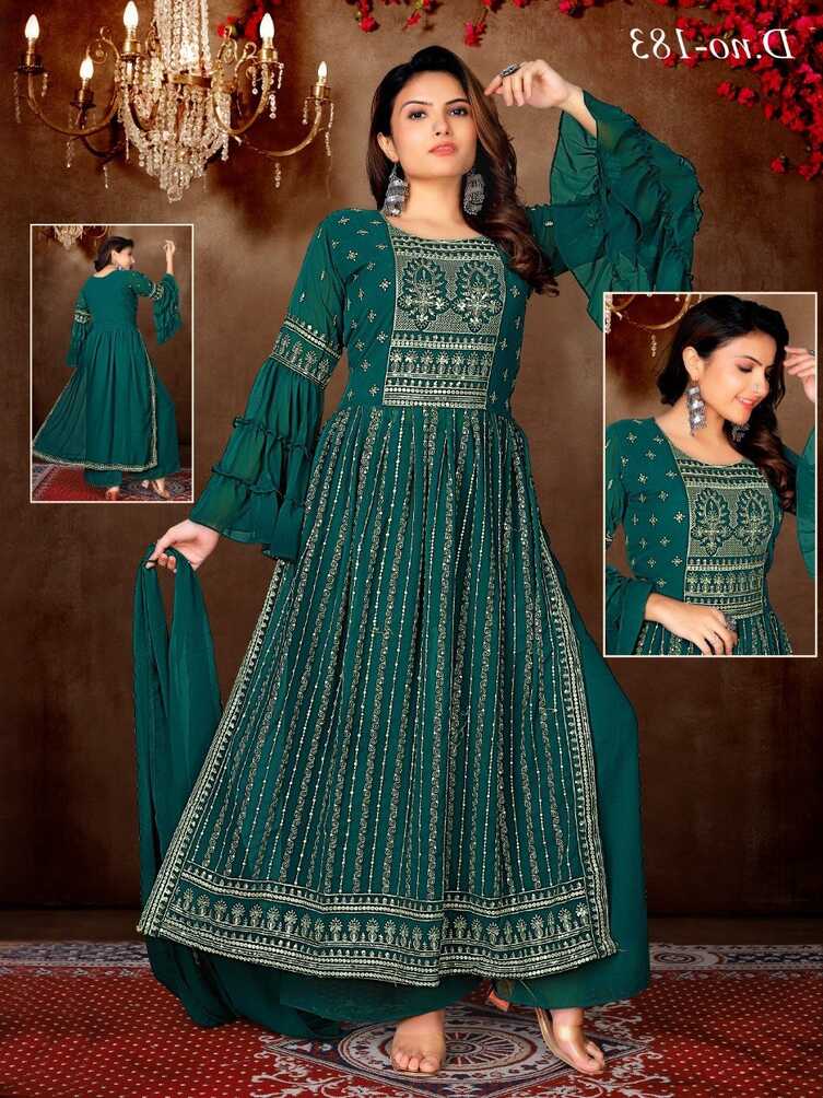 Embroidered Ladies Green Georgette Nayra Cut Party Wear Suit Set ...