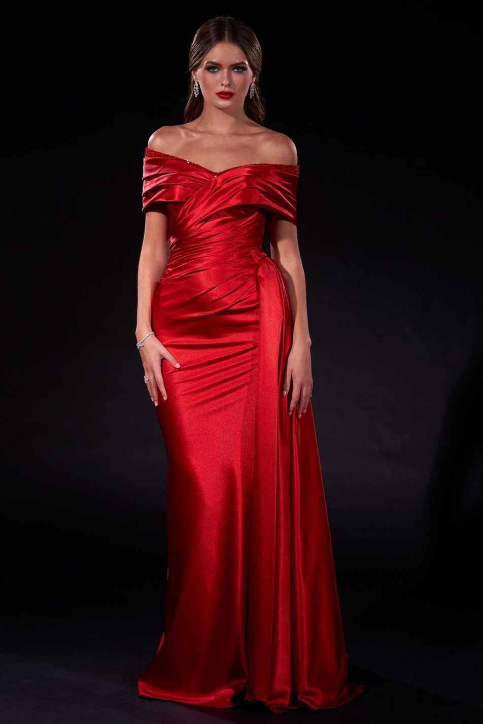 Embroidered Off-Shoulder Red Satin Gown With Side Drape | Sophia ...