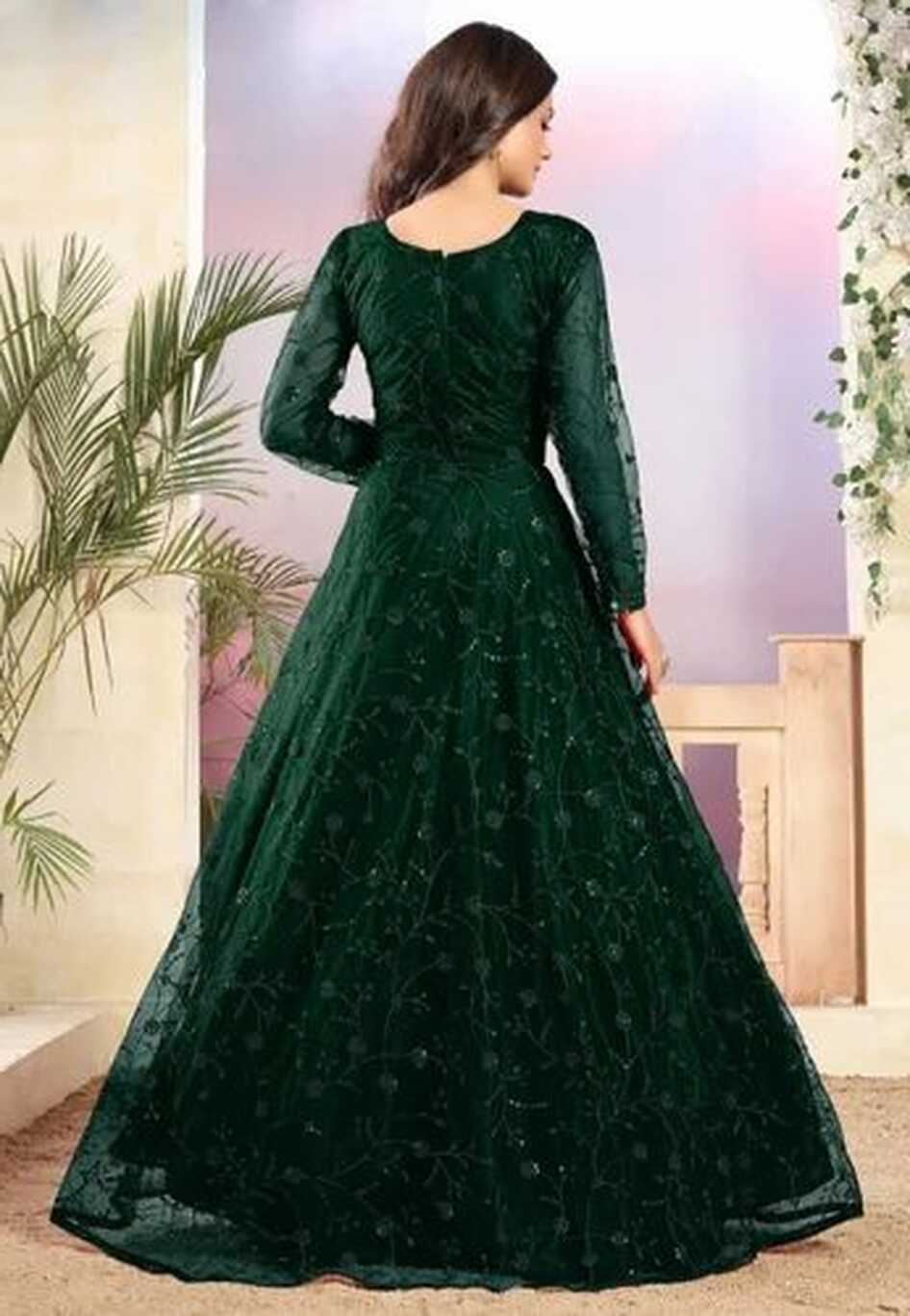 Embroidered Pankhi Green Designer Net Gown, Full Sleeve at Rs 678 ...