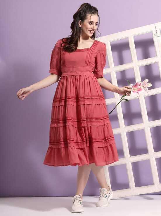 Embroidered Pink Terquois Self-Design Casual Dress with Antique ...