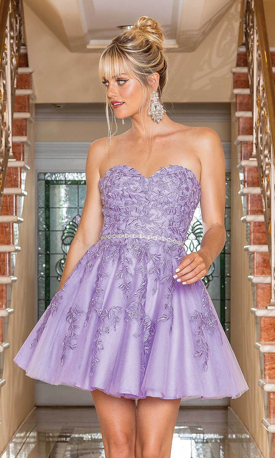 Embroidered Short Strapless Prom Dress - PromGirl