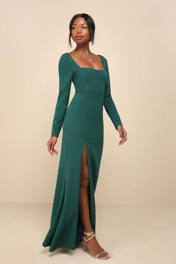 Emerald Green Dress - Long Sleeve Maxi Dress - Square Neck Dress ...