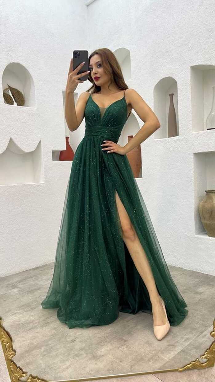 Emerald Green Glitter Maxi Tulle Prom Dress,Wedding Guest Dress ...