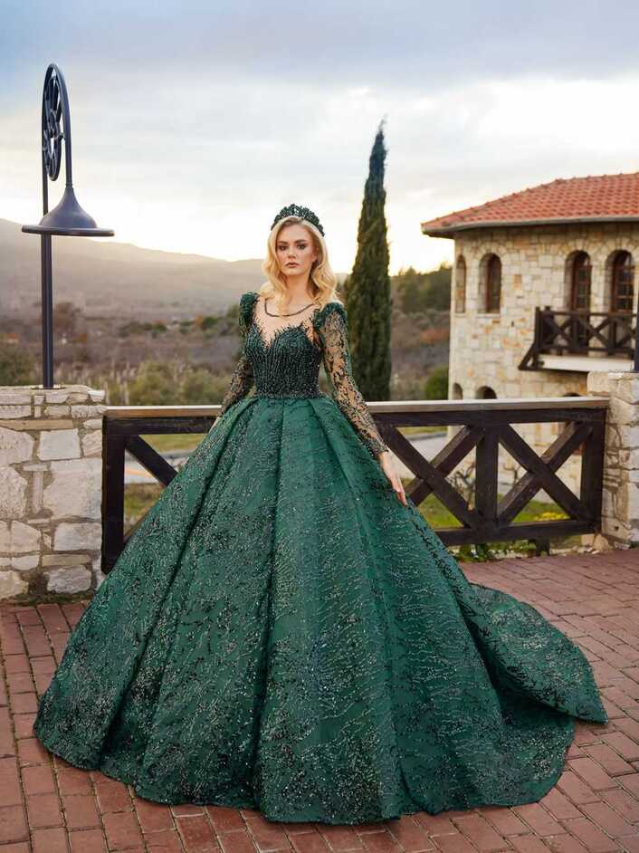 Emerald Green Lace Beaded Sweetheart Sequin Long Sleeve Ball Gown ...