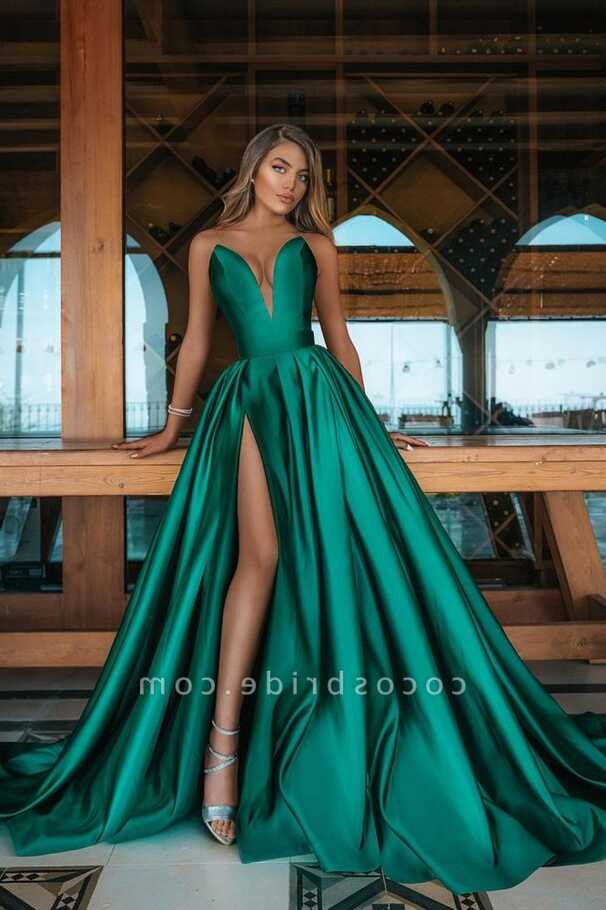 Emerald Green Long A-line V-neck Sleeveless Prom Dress With Slit ...