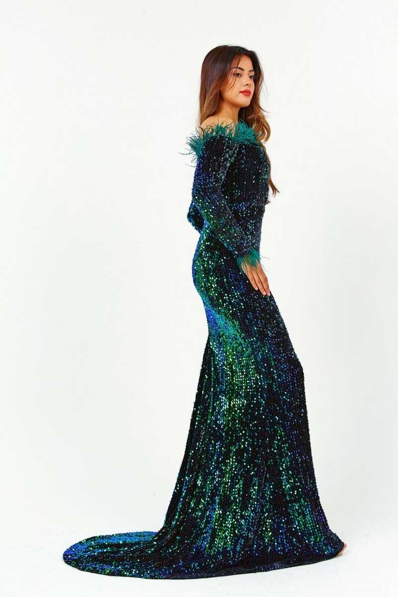 Emerald Green Long Sleeve Off-Shoulder Sequin Maxi Dress - Sale ...