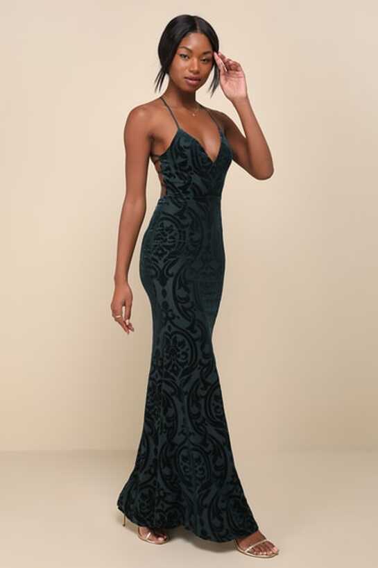 Emerald Green Maxi Dress - Velvet Print Dress - Backless Dress - Lulus