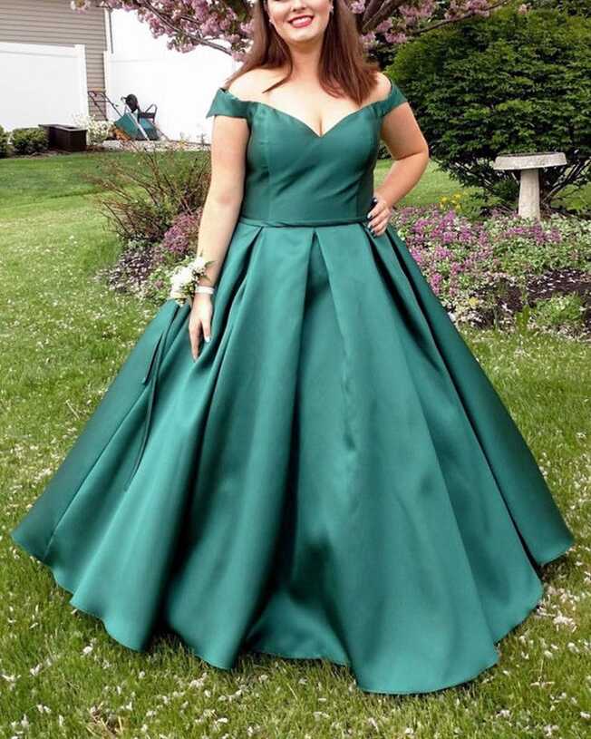 Emerald Green Plus Size Prom Dresses Satin Off The Shoulder Ball ...