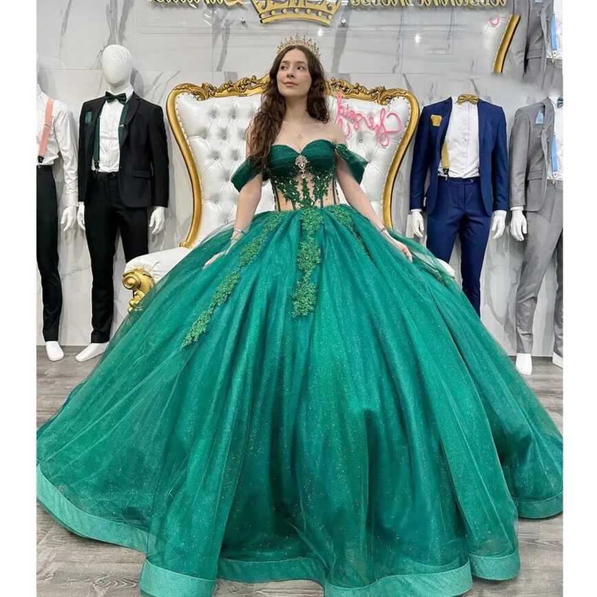 Emerald Green Quinceanera Dresses Ball Gown Puffy Beaded Sweet 16 ...