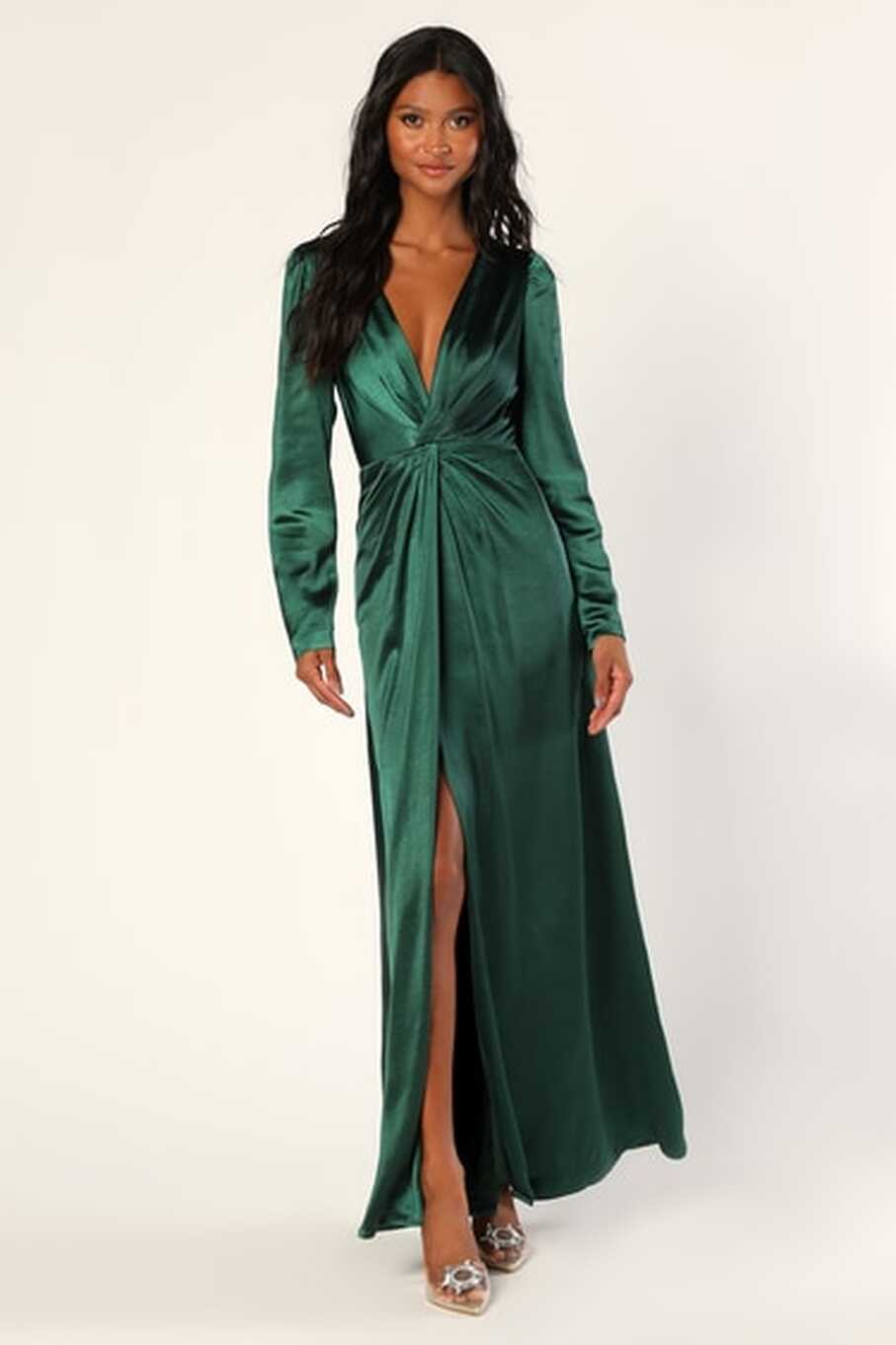 Emerald Green Satin Dress - Long Sleeve Dress - Maxi Dress - Lulus