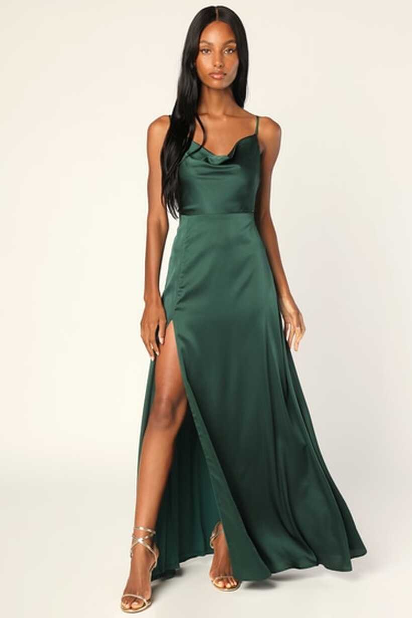 Emerald Green Satin Dress - Satin Maxi Dress - Cowl Neck Dress - Lulus