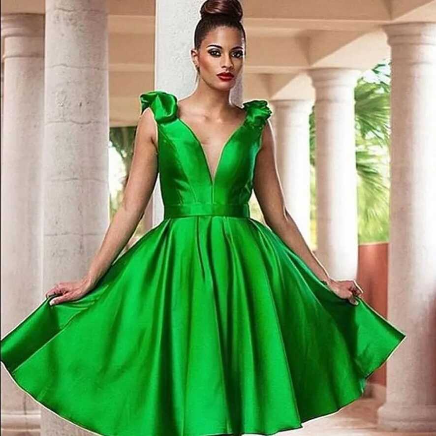 Emerald Green Satin V Neck Cocktail Dress Short Party Evening Wear ...