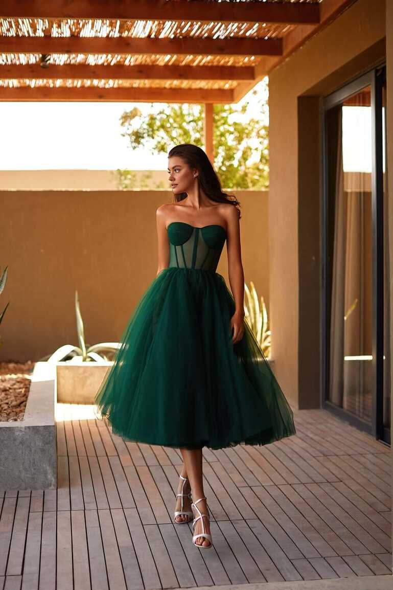 Emerald Green Strapless Puffy Midi Tulle Dress ➤➤ Milla Dresses ...