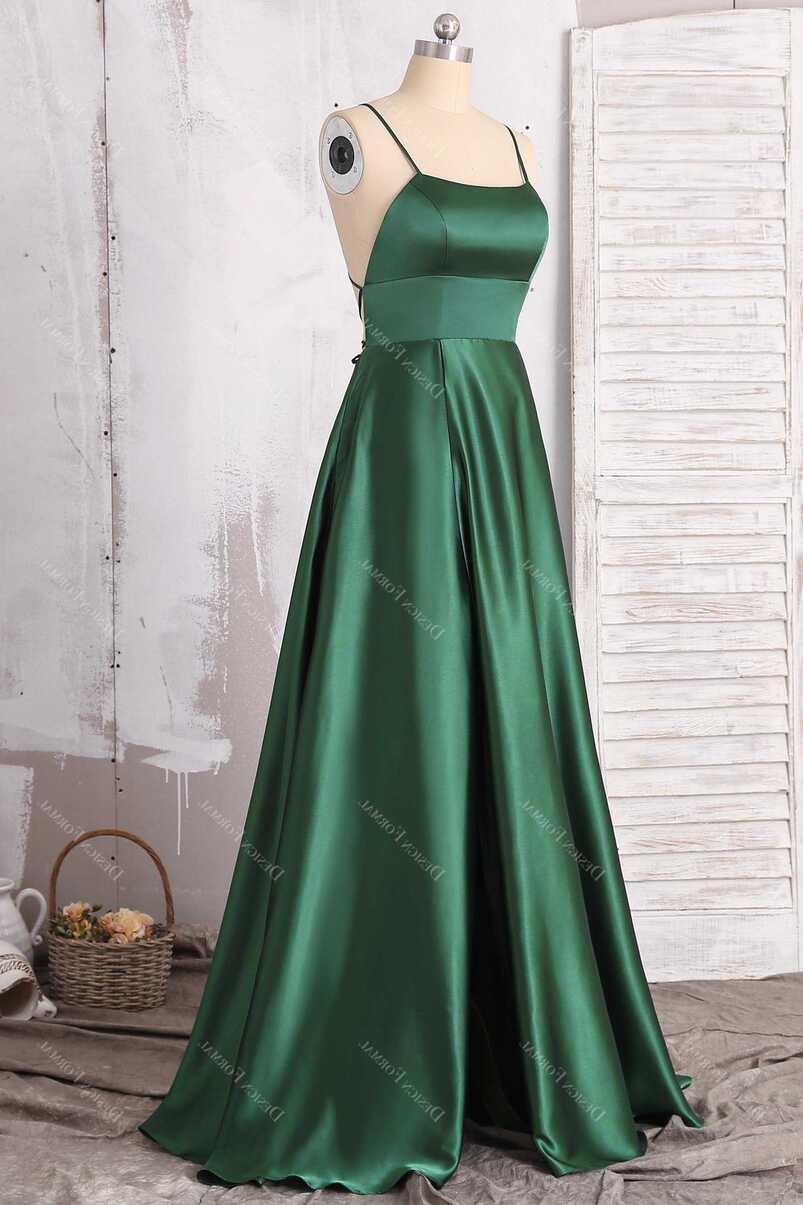 Emerald Green Strappy Back Sexy Slit Simple A-line Satin Dress