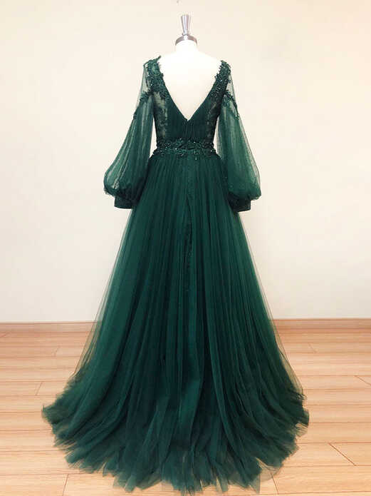 Emerald Green V-Neck Lace Tulle Formal Prom Dress with Long Sleeves