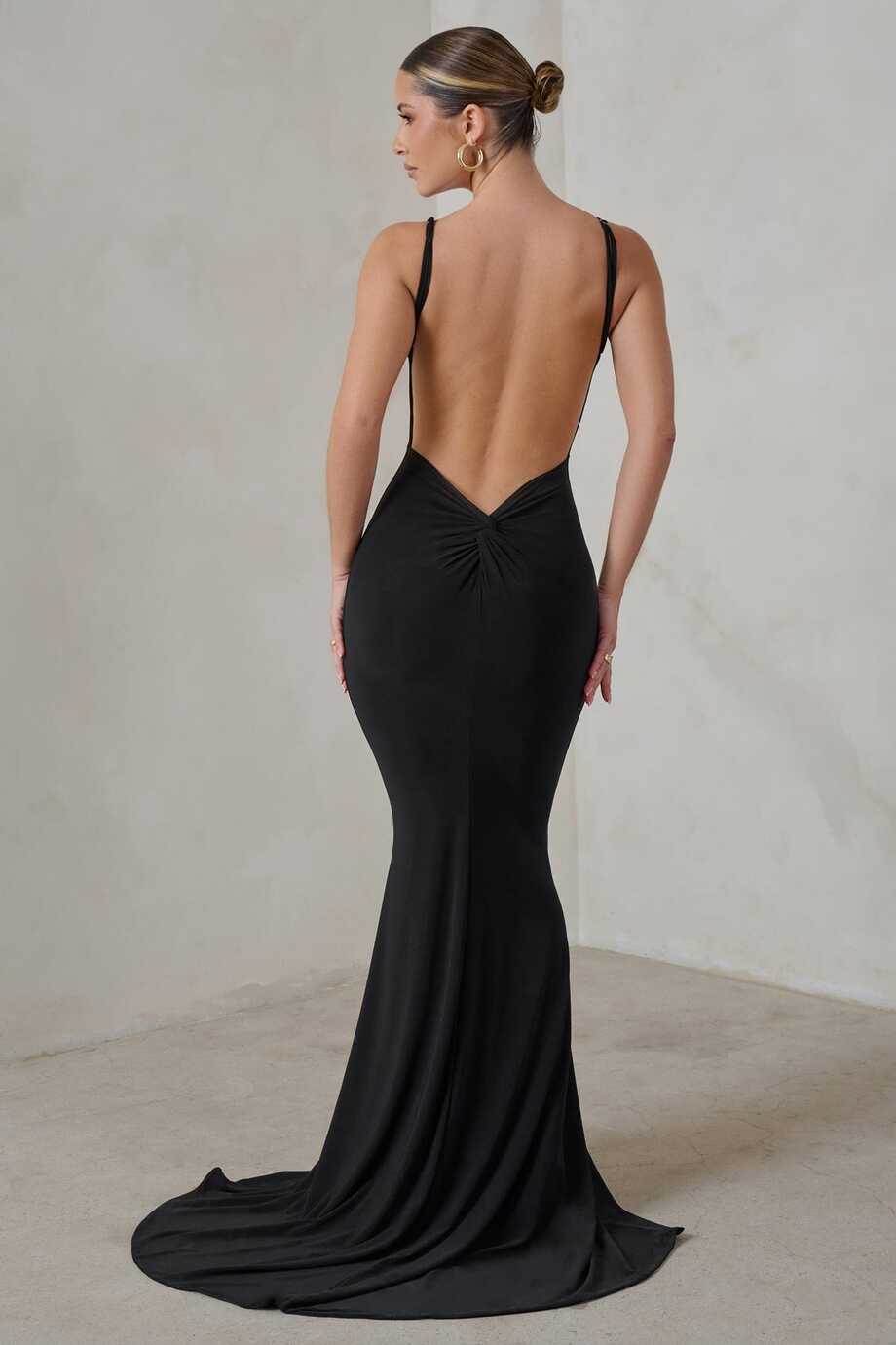 Endless Love Black Backless Knot Detail Fishtail Maxi Dress – Club ...