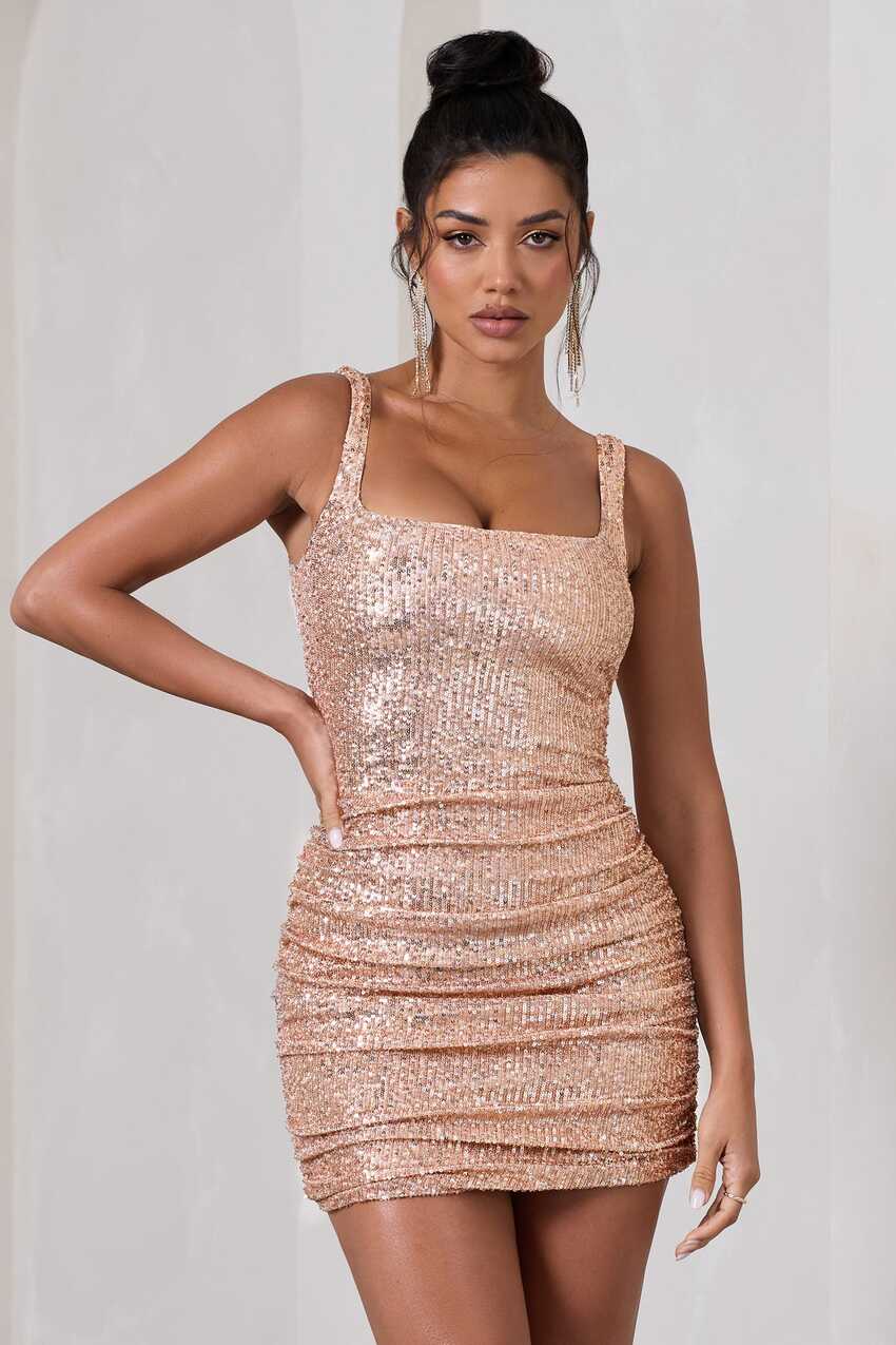 Enlighten Me Gold Sequin Square-Neck Strappy Bodycon Mini Dress ...