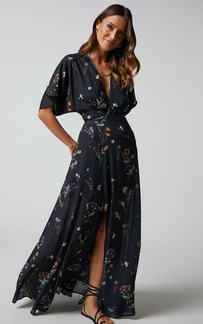 Erenza Maxi Dress - Extended Sleeve Wrap Dress in Black Flower ...