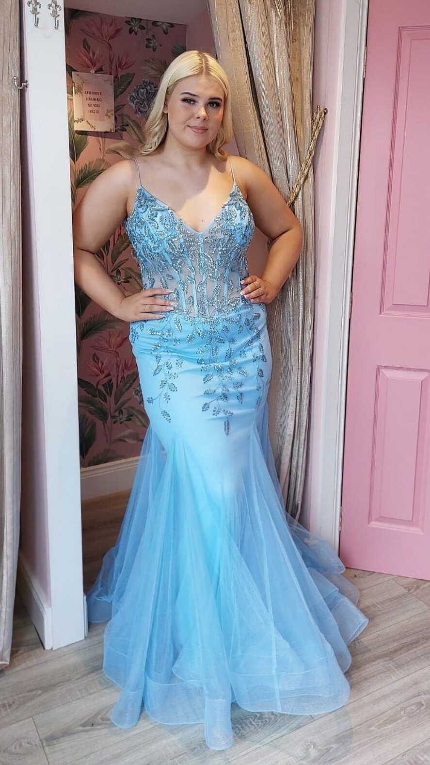 Esme Baby Blue Mermaid Skinny Strapped Formal Prom Dress