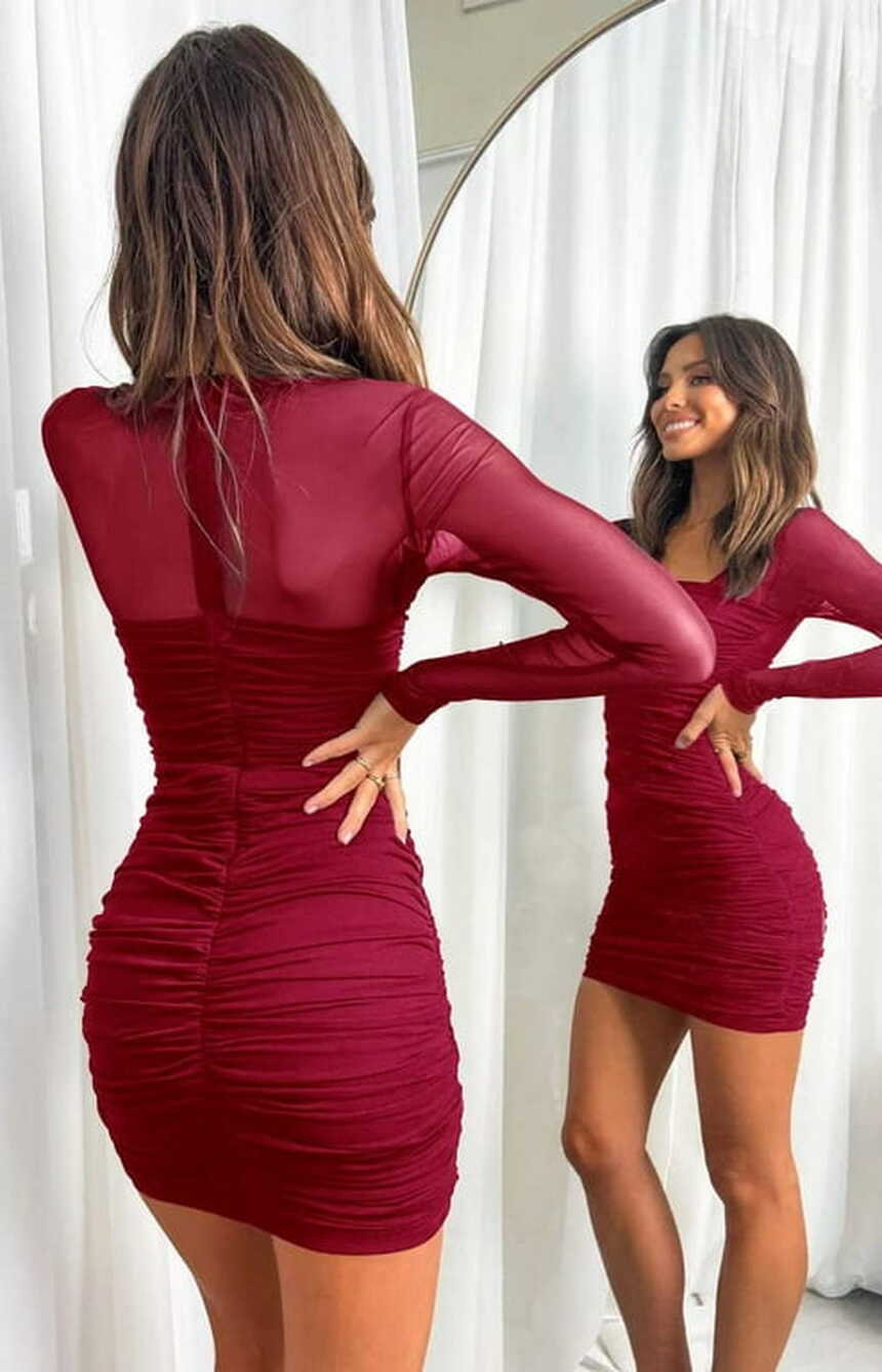 Esobo Women&#39;s Long Sleeve Mesh Party Ruched Bodycon Dress Elegant ...