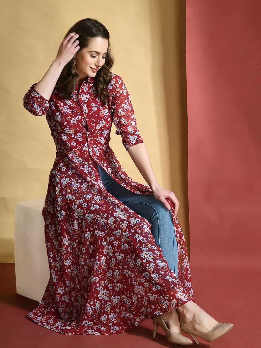 Estonished Georgette Floral Printed Long Top | EST-GA-122 | Cilory.com