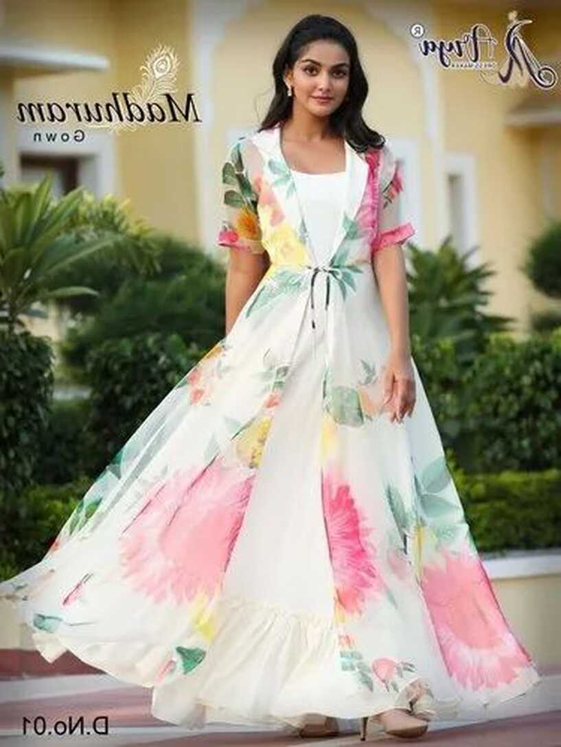 Ethnic White and Pink Designer Printed Gown, Floral, Semi-Stitched ...