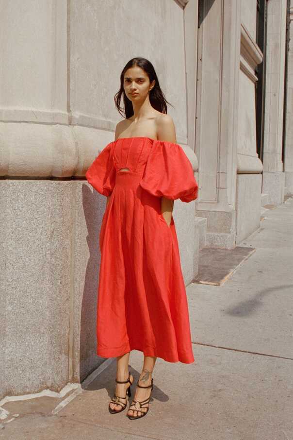 Eugenie Off Shoulder Midi Dress | Scarlet Red | Aje – Aje ROW