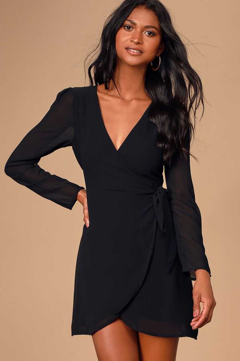 Evangeline Black Long Sleeve Wrap Dress | Wrap dress short, Wrap ...