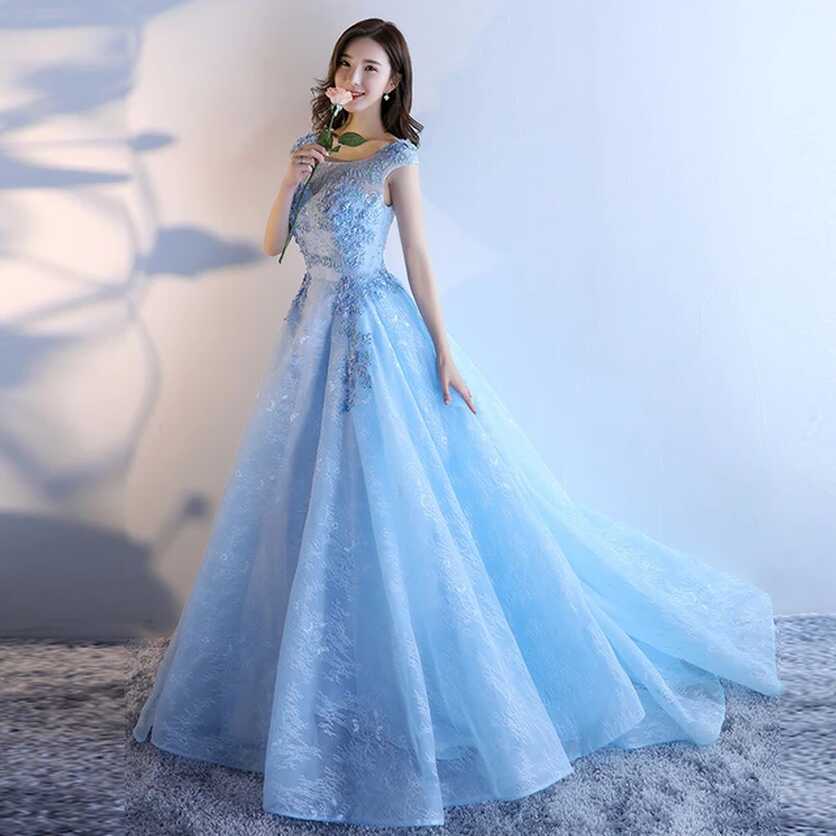 Evening Dress New Fashion Sweet Light Blue Lace Embroidery with ...