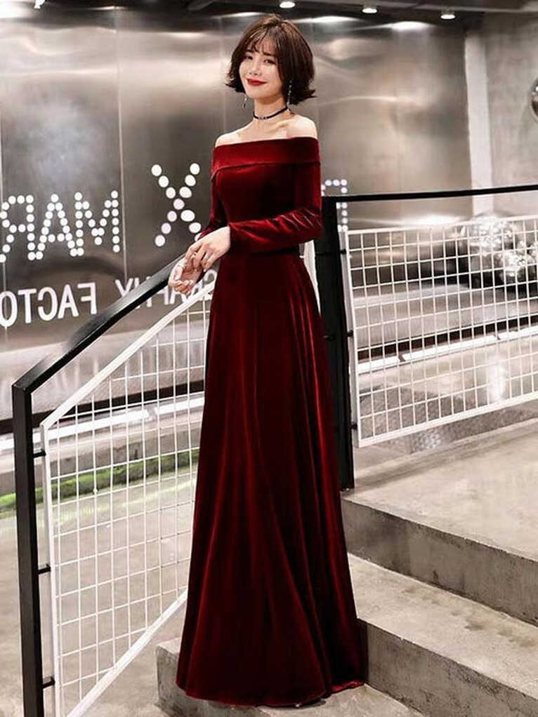 Evening Dresses Velvet Long Sleeve Off Shoulder Maxi Formal Gowns ...