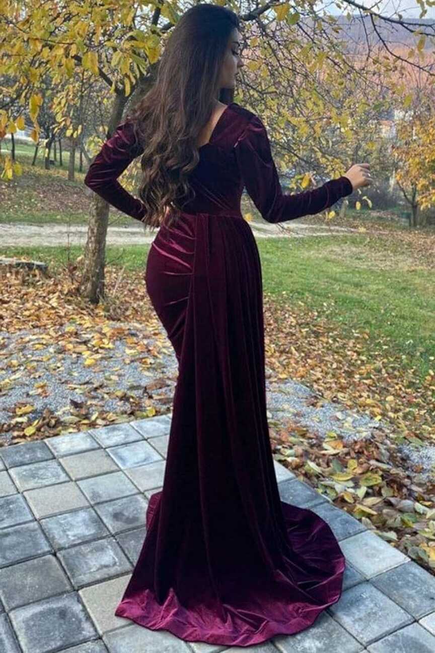 Ever-Beauty Women&#39;s Velvet Long Sleeve Mermaid Evening Dress with ...