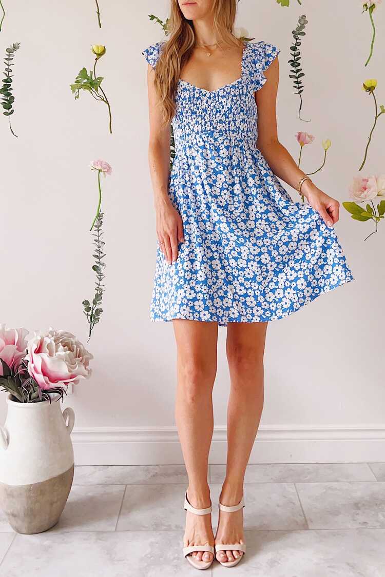 Eviana Short Blue Floral Dress w/ Ruched Bust | Boutique 1861