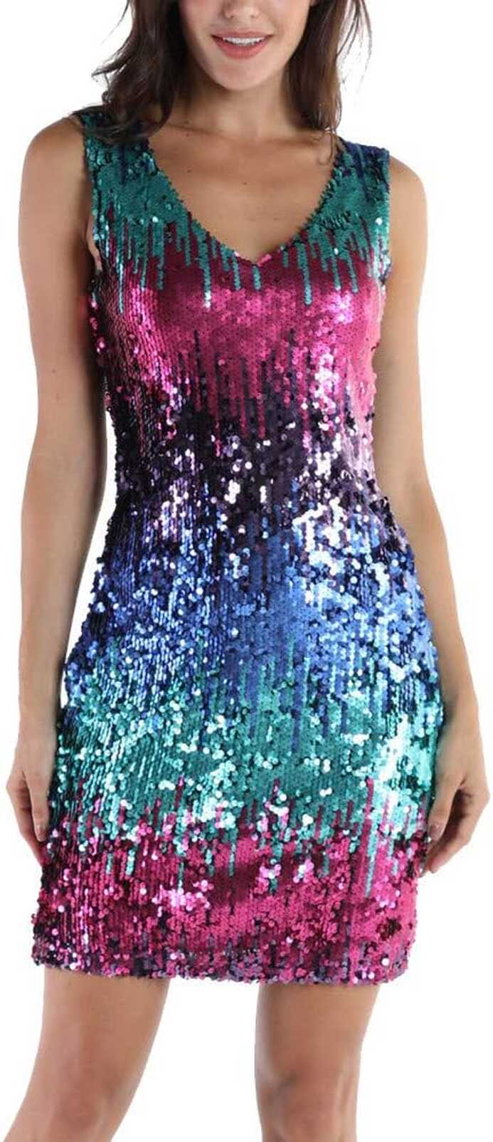 F_Gotal Sexy Gradient Sparkling Sequins Dress Strap V Neck ...