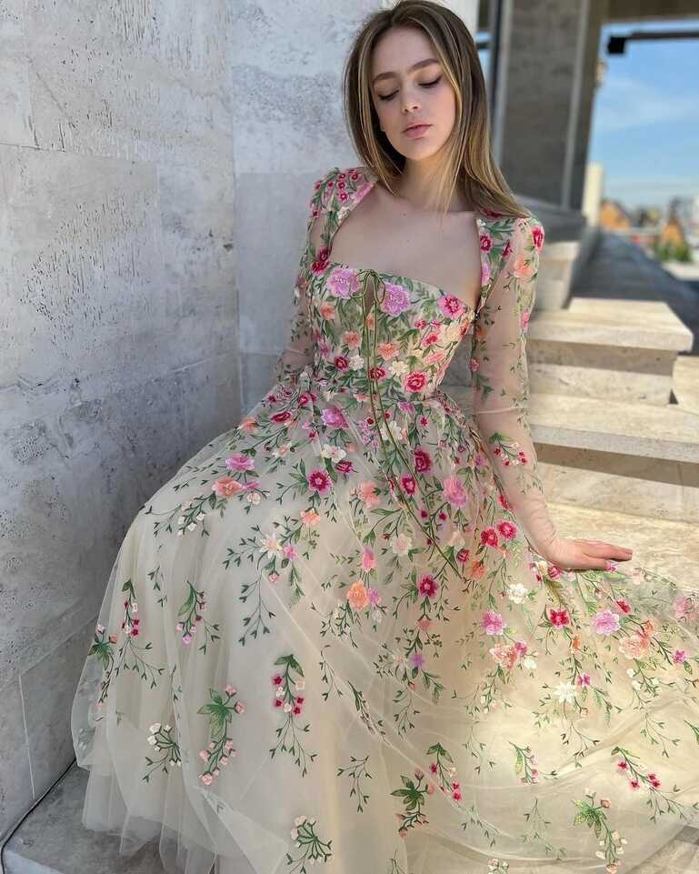 FDHAOLU Elegant Floral Tulle Prom Dresses Long Sleeves Lace ...