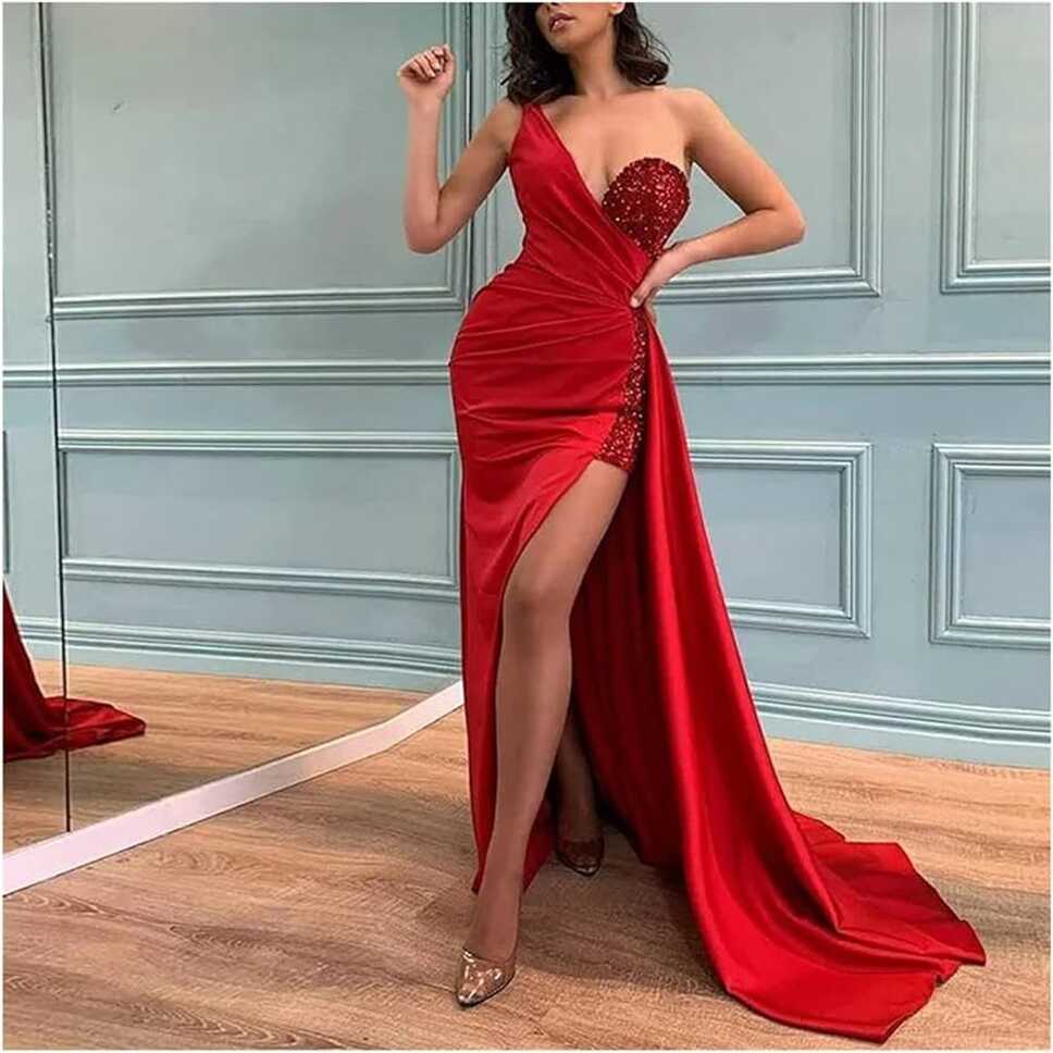 FHGDH Sexy Red Shiny Evening Dresses Shoulder Sequin And Satin ...