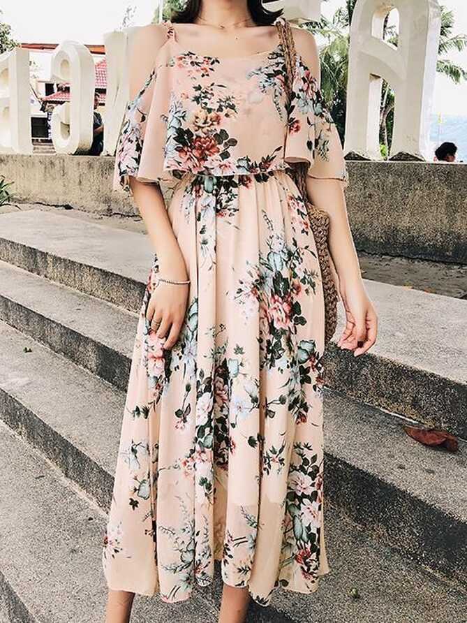 FLORAL OFF-SHOULDER SPAGHETTI STRAPS HIGH-WAIST CHIFFON MAXI DRESS