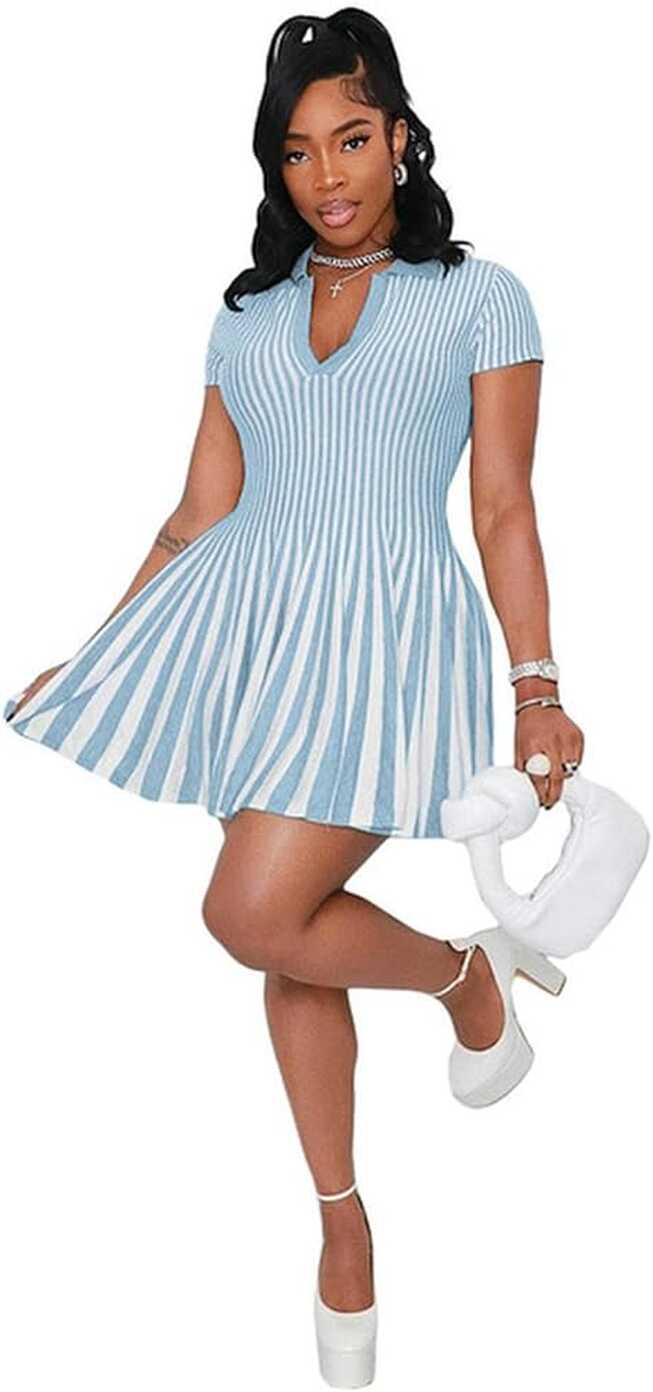 FRESQA Summer Fashion Short Sleeve Striped Prints Short Dresses ...