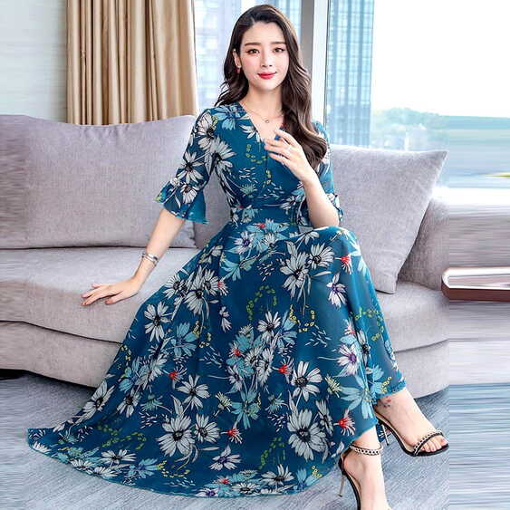 FRXSWW Ladies Flower Print Dress V Neck Sweet Swing Flowy Dresses ...