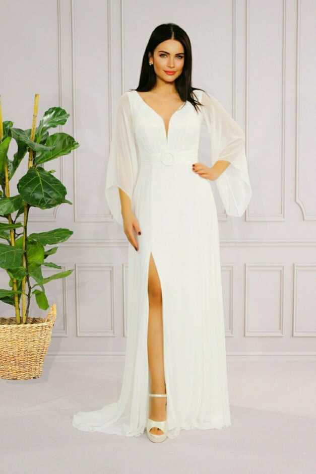 FaBe Fashion Long Sleeve White Chiffon Dress with Buckle and Slit ...