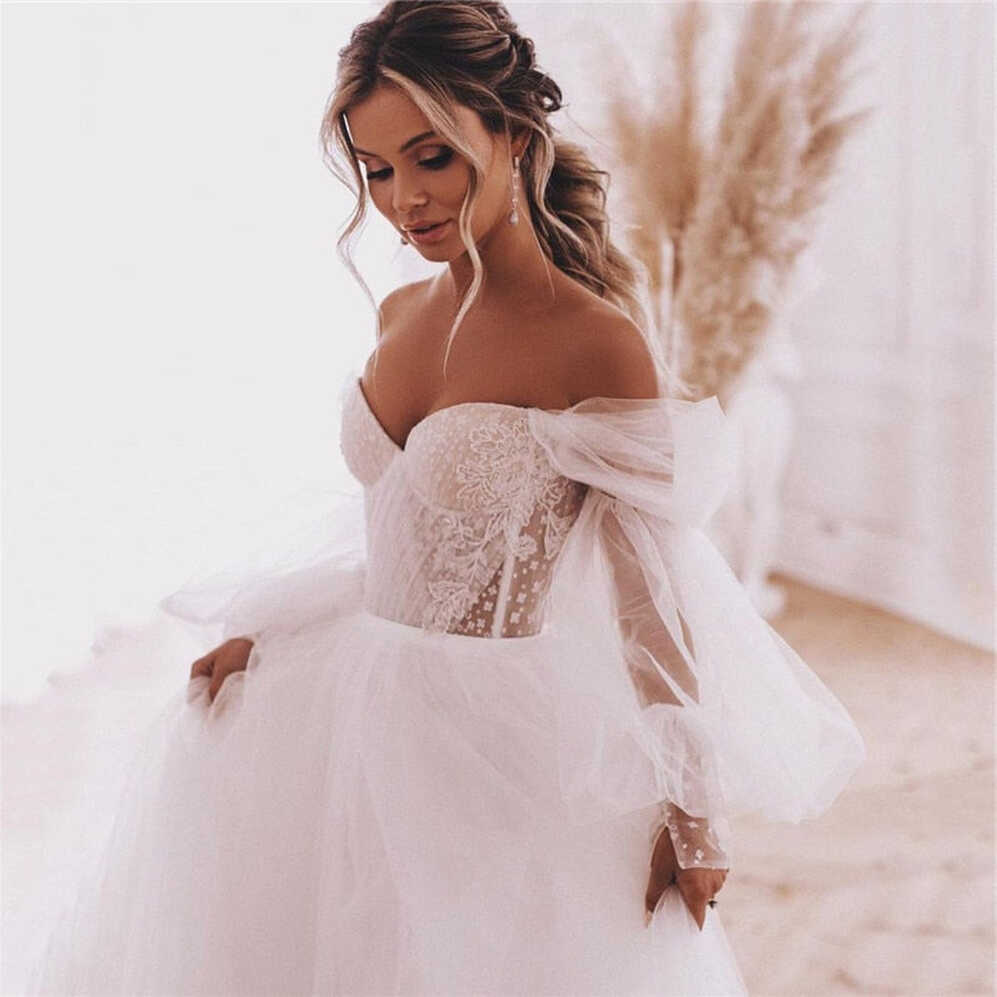 Fairy Boho Wedding Dresses Detachable Long Puff Sleeve Bride Dress ...