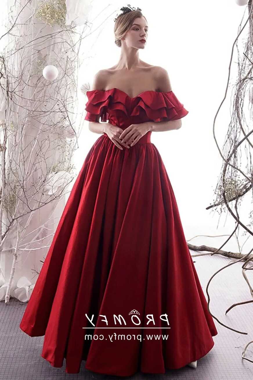 Fairy Ruffled Off-shoulder Dark Red Satin Prom Gown - Promfy