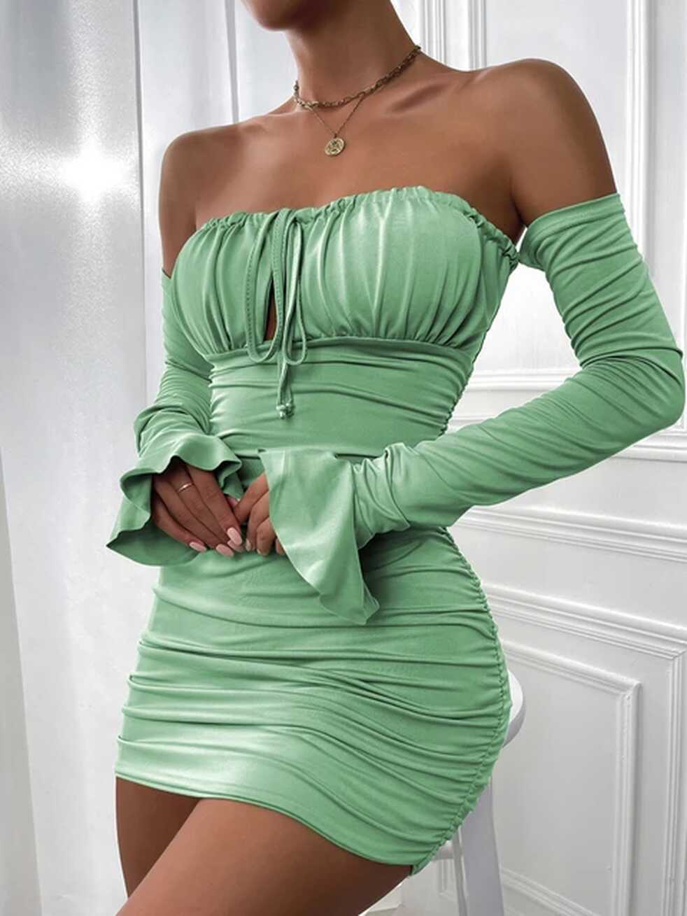 Fairyshely Sexy Ruffle Short Club Dress Ladies 2024 Autumn Green ...