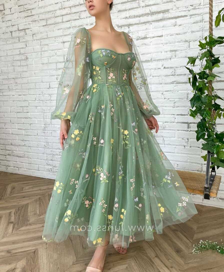 Fairytale Floral Green Tulle Long Sleeve Party Dress