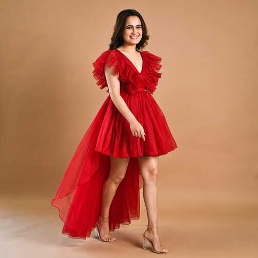 Fairytale V Neck Red Organza Dress For Women Online