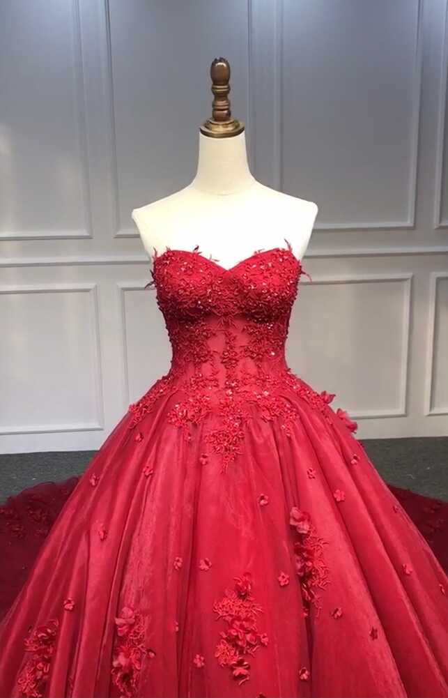 Fairytale dark red ball gown skirt 3D lace flowers wedding prom ...